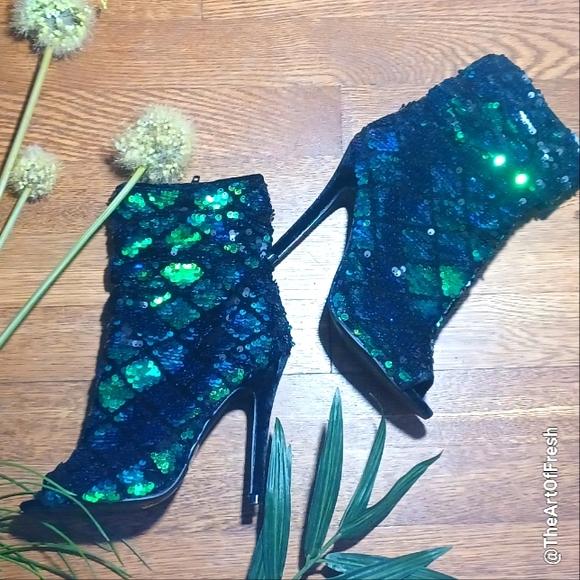 QUPID Sequin Ankle Boots - Sparkling Blue And Green Rhinestones - Picture 9 of 11